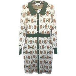 Simple Retro Midi Sweater Dress Large (38) Button Front Long Sleeve Stretch NEW